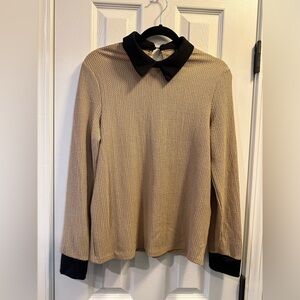 Women’s Tan Blouse with Black Neckline Detail